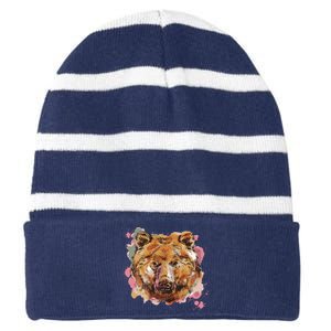 Wild Bear Art Striped Beanie with Solid Band