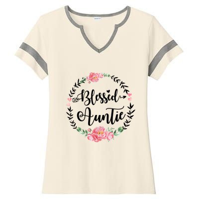 Wo Blessed Auntie Cute Flower Auntie Gift Ladies Halftime Notch Neck Tee