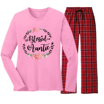 Wo Blessed Auntie Cute Flower Auntie Gift Women's Long Sleeve Flannel Pajama Set 