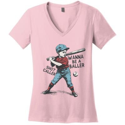Wanna Be A Baller Shot Caller Retro Game Day Women's V-Neck T-Shirt
