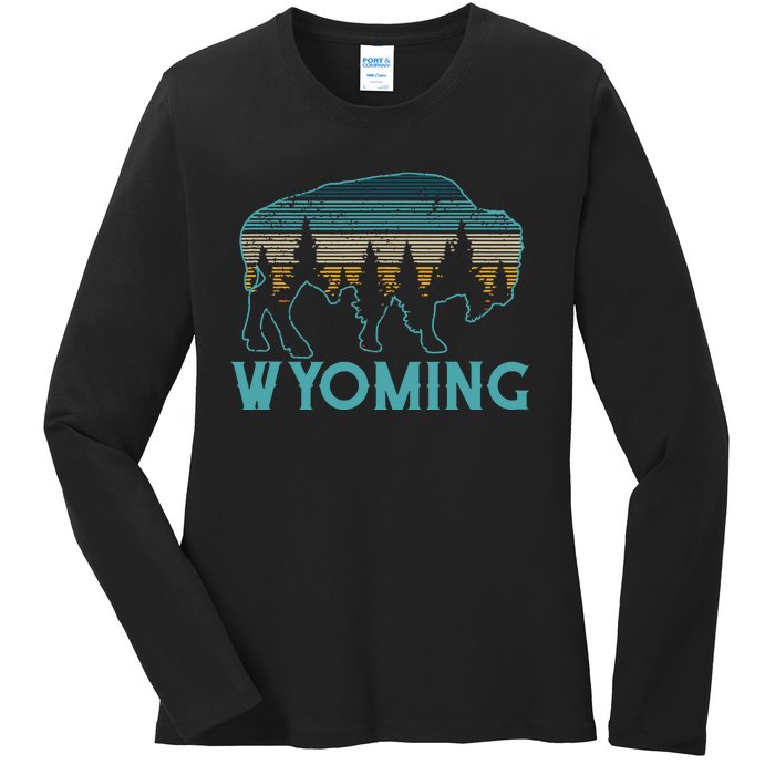 Wyoming Bison American Buffalo Vintage Souvenir Gift Ladies Long Sleeve Shirt