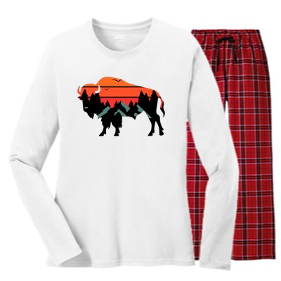 Wyoming Bison American Buffalo Vintage Souvenir Gift Women's Long Sleeve Flannel Pajama Set 