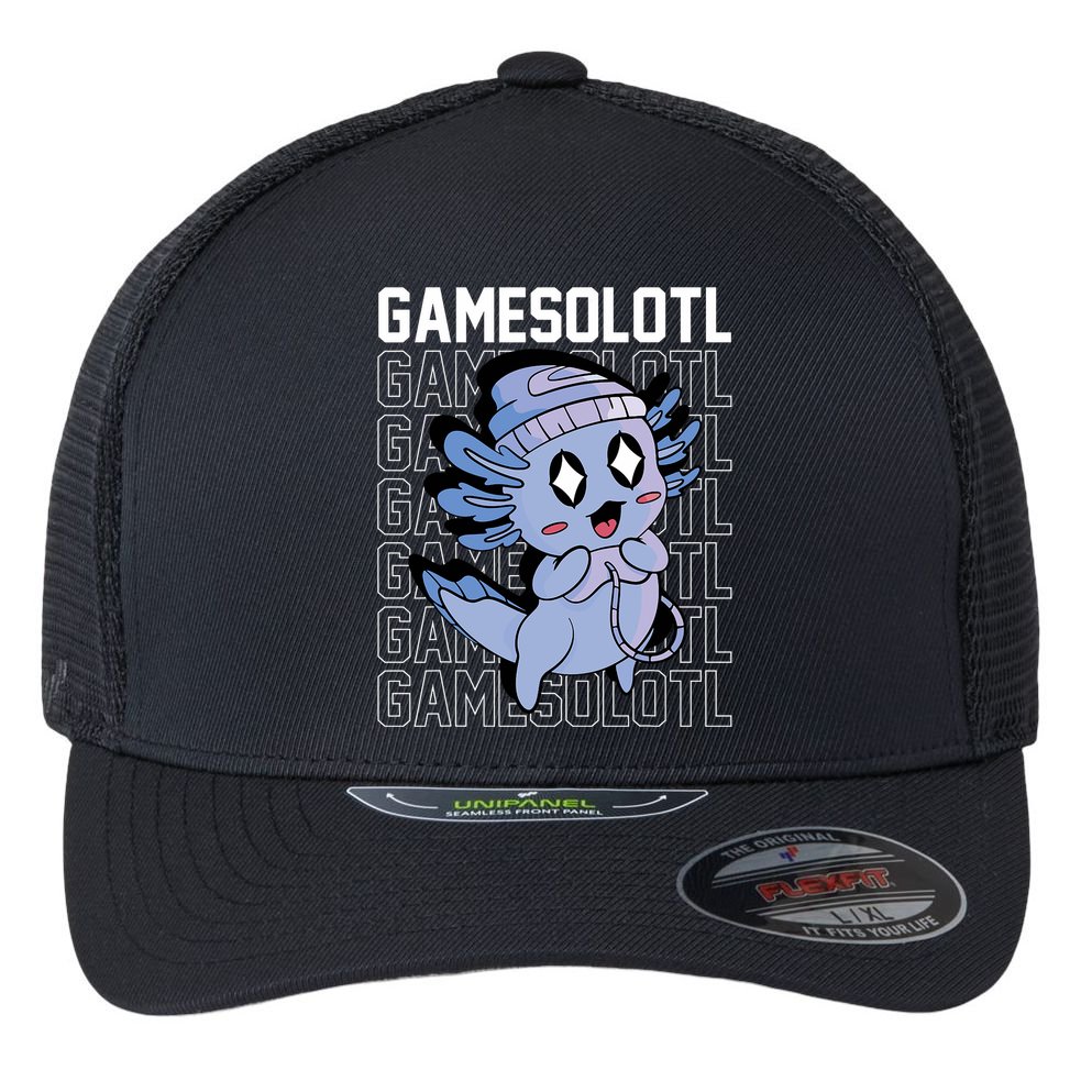 Whimsical Blue Axolotl With Gaming Sports Cap And Scarf Flexfit Unipanel Trucker Cap