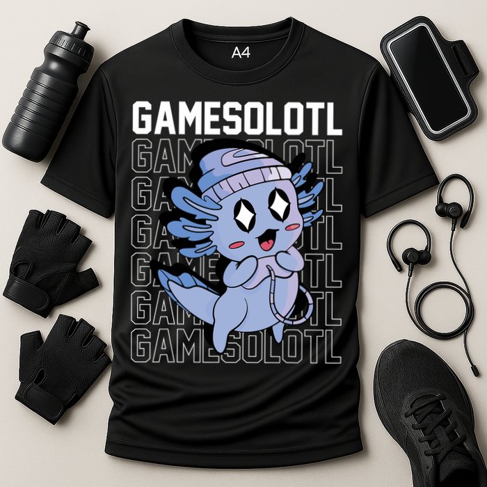 Whimsical Blue Axolotl With Gaming Sports Cap And Scarf Cooling Performance Crew T-Shirt
