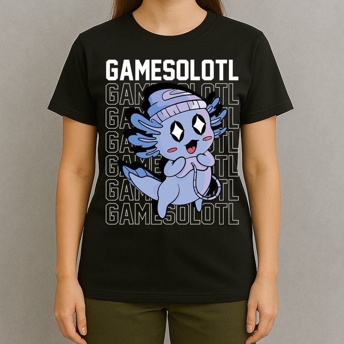 Whimsical Blue Axolotl With Gaming Sports Cap And Scarf T-Shirt