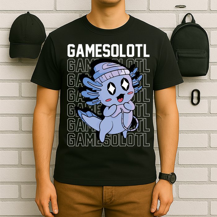 Whimsical Blue Axolotl With Gaming Sports Cap And Scarf T-Shirt