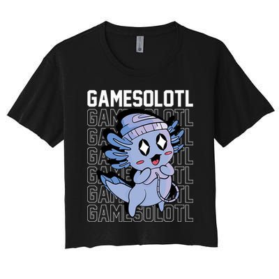 Whimsical Blue Axolotl With Gaming Sports Cap And Scarf Women's Crop Top Tee