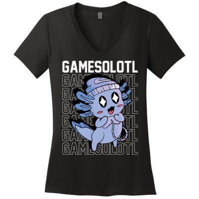 Whimsical Blue Axolotl With Gaming Sports Cap And Scarf Women's V-Neck T-Shirt
