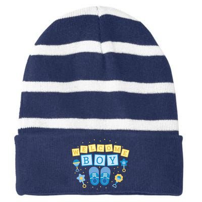 Welcome Baby Boy Gift Striped Beanie with Solid Band