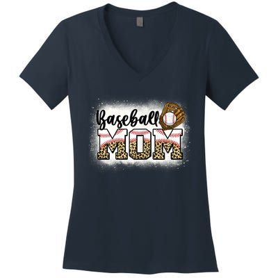 Womens Bleached Baseball Mom Leopard Mother's Day Women's V-Neck T-Shirt