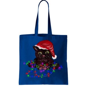 Watercolor Black Cat Santa Tangled Up In Christmas Lights Meaningful Gift Tote Bag