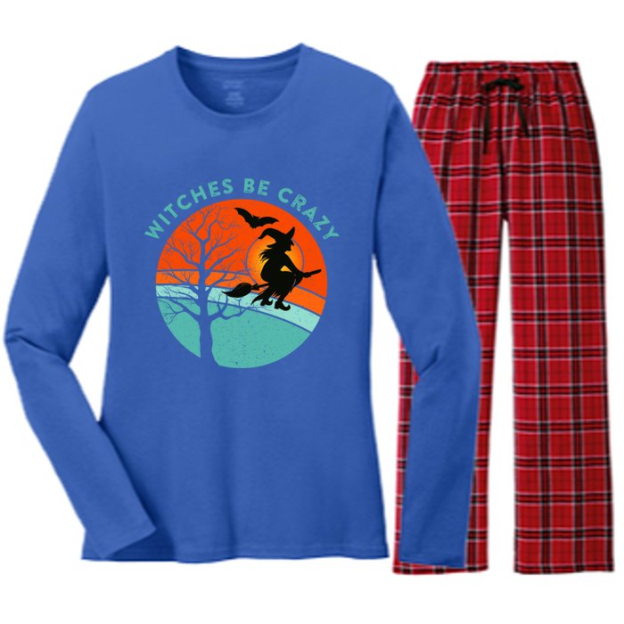 Witches Be Crazy Retro Vintage Bat Full Moon Witch Meaningful Gift Women's Long Sleeve Flannel Pajama Set 