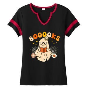 Wo Booooks Cute Ghost Reading Library Books Halloween Ladies Halftime Notch Neck Tee