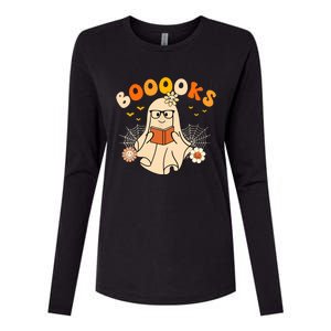 Wo Booooks Cute Ghost Reading Library Books Halloween Womens Cotton Relaxed Long Sleeve T-Shirt