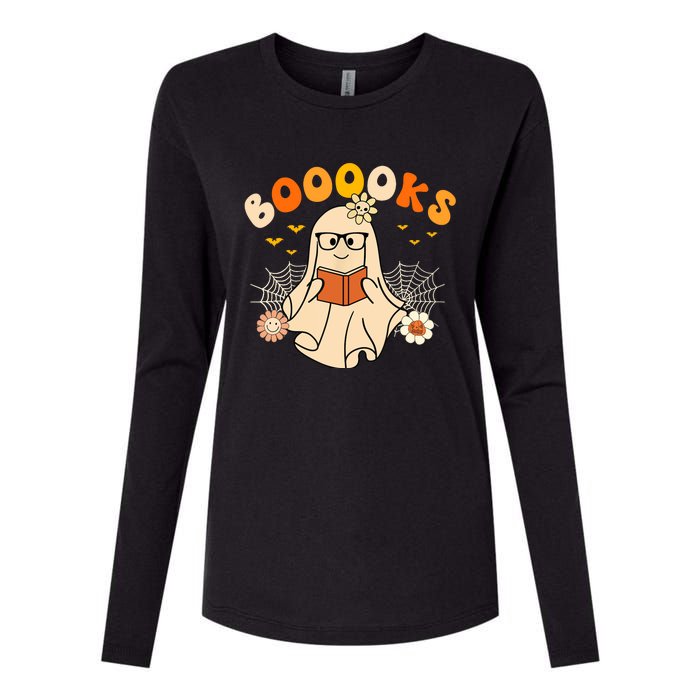 Wo Booooks Cute Ghost Reading Library Books Halloween Womens Cotton Relaxed Long Sleeve T-Shirt