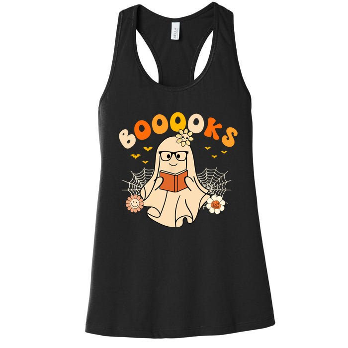 Wo Booooks Cute Ghost Reading Library Books Halloween Women's Racerback Tank