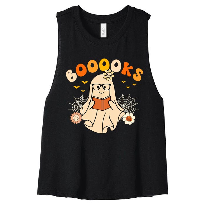 Wo Booooks Cute Ghost Reading Library Books Halloween Women's Racerback Cropped Tank