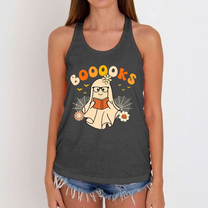 Wo Booooks Cute Ghost Reading Library Books Halloween Women's Knotted Racerback Tank