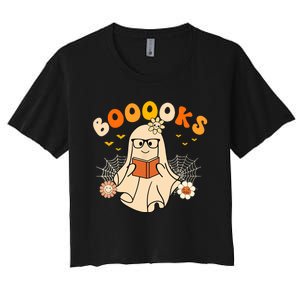 Wo Booooks Cute Ghost Reading Library Books Halloween Women's Crop Top Tee