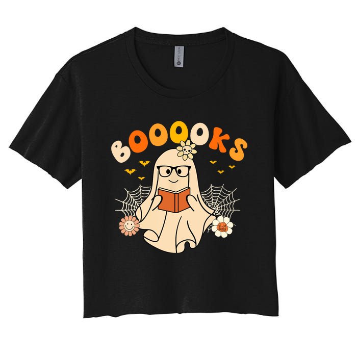 Wo Booooks Cute Ghost Reading Library Books Halloween Women's Crop Top Tee