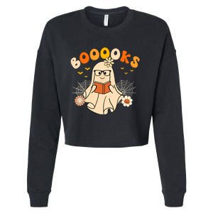 Wo Booooks Cute Ghost Reading Library Books Halloween Cropped Pullover Crew