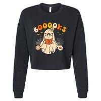 Wo Booooks Cute Ghost Reading Library Books Halloween Cropped Pullover Crew