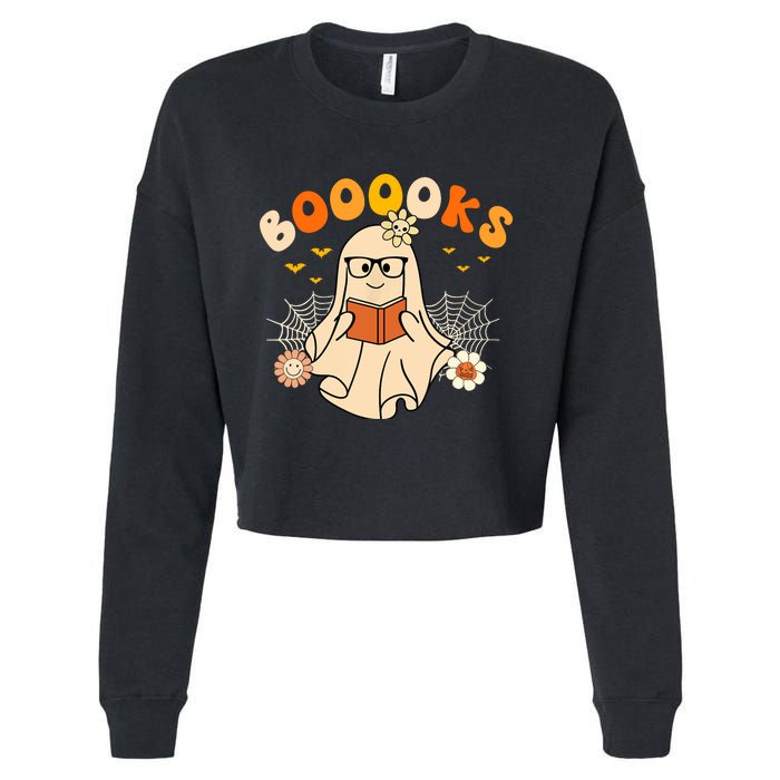 Wo Booooks Cute Ghost Reading Library Books Halloween Cropped Pullover Crew