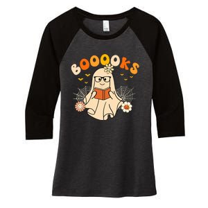 Wo Booooks Cute Ghost Reading Library Books Halloween Women's Tri-Blend 3/4-Sleeve Raglan Shirt