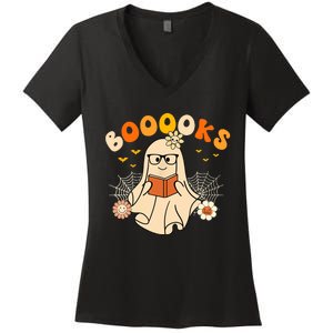 Wo Booooks Cute Ghost Reading Library Books Halloween Women's V-Neck T-Shirt