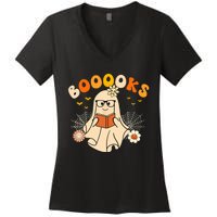 Wo Booooks Cute Ghost Reading Library Books Halloween Women's V-Neck T-Shirt