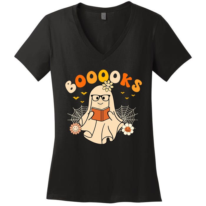 Wo Booooks Cute Ghost Reading Library Books Halloween Women's V-Neck T-Shirt