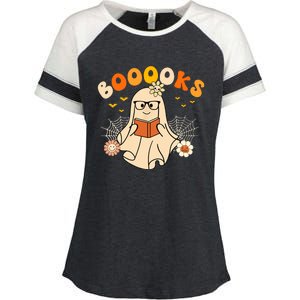 Wo Booooks Cute Ghost Reading Library Books Halloween Enza Ladies Jersey Colorblock Tee