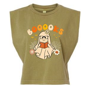 Wo Booooks Cute Ghost Reading Library Books Halloween Garment-Dyed Women's Muscle Tee