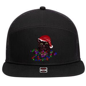 Watercolor Black Cat Santa Tangled Up In Christmas Lights Gift 7 Panel Mesh Trucker Snapback Hat