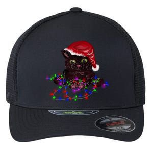 Watercolor Black Cat Santa Tangled Up In Christmas Lights Gift Flexfit Unipanel Trucker Cap