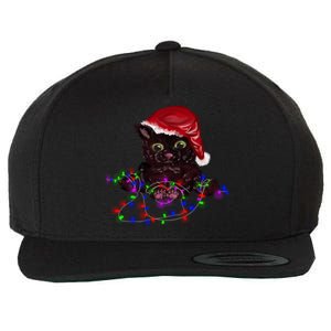 Watercolor Black Cat Santa Tangled Up In Christmas Lights Gift Wool Snapback Cap