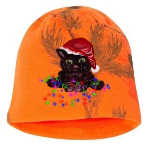 Watercolor Black Cat Santa Tangled Up In Christmas Lights Gift Kati - Camo Knit Beanie