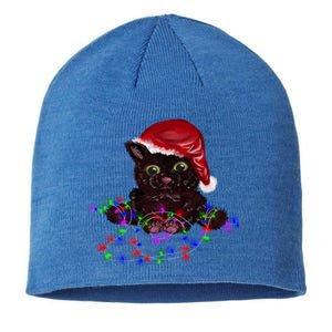 Watercolor Black Cat Santa Tangled Up In Christmas Lights Gift Sustainable Beanie