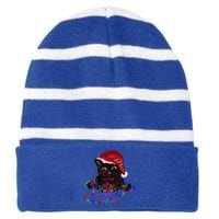 Watercolor Black Cat Santa Tangled Up In Christmas Lights Gift Striped Beanie with Solid Band