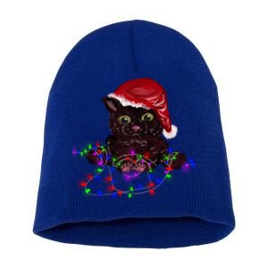 Watercolor Black Cat Santa Tangled Up In Christmas Lights Gift Short Acrylic Beanie