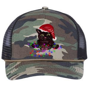 Watercolor Black Cat Santa Tangled Up In Christmas Lights Gift Retro Rope Trucker Hat Cap