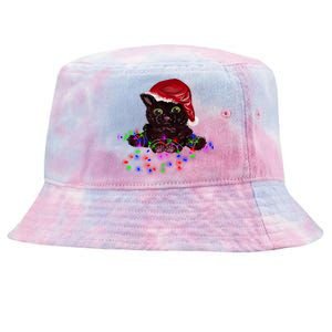 Watercolor Black Cat Santa Tangled Up In Christmas Lights Gift Tie-Dyed Bucket Hat