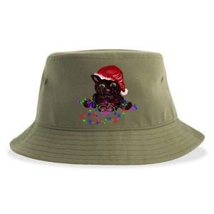 Watercolor Black Cat Santa Tangled Up In Christmas Lights Gift Sustainable Bucket Hat