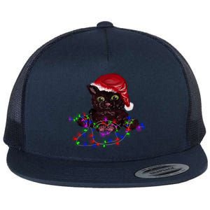 Watercolor Black Cat Santa Tangled Up In Christmas Lights Gift Flat Bill Trucker Hat