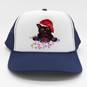 Watercolor Black Cat Santa Tangled Up In Christmas Lights Gift Trucker Hat