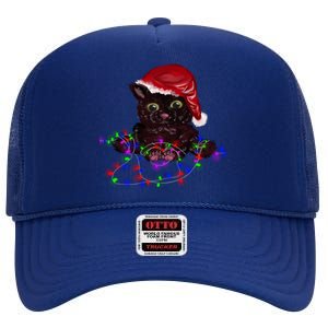 Watercolor Black Cat Santa Tangled Up In Christmas Lights Gift High Crown Mesh Back Trucker Hat