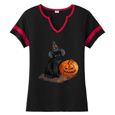 Witch Black Cat Pumpkin Halloween Ladies Halftime Notch Neck Tee