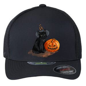 Witch Black Cat Pumpkin Halloween Flexfit Unipanel Trucker Cap