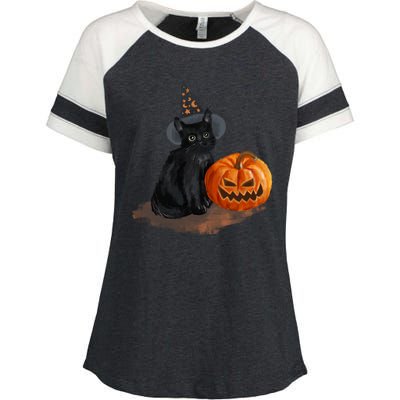 Witch Black Cat Pumpkin Halloween Enza Ladies Jersey Colorblock Tee