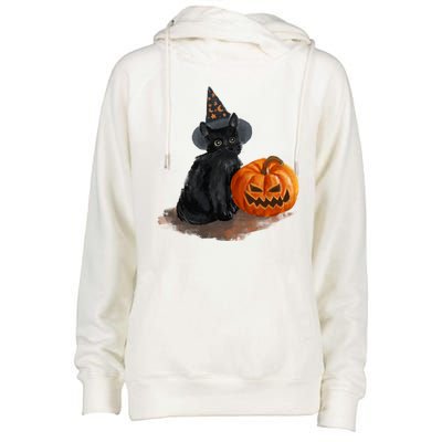 Witch Black Cat Pumpkin Halloween Womens Funnel Neck Pullover Hood